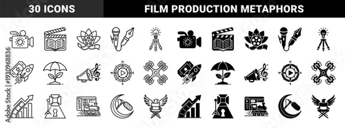 Cinematic storytelling and creative media production symbols featuring hybrid metaphors like a film clapperbook camera sun and musical megaphone