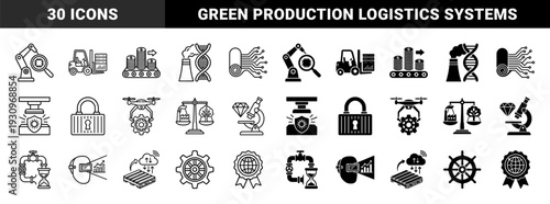Industrial innovation and sustainable technology icons featuring hybrid concepts like genetic manufacturing smart logistics and green energy production