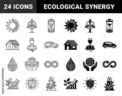 Ecological hybrid symbols merging renewable energy and nature including solar gear wind leaf turbine battery hourglass and electric vehicle sprout