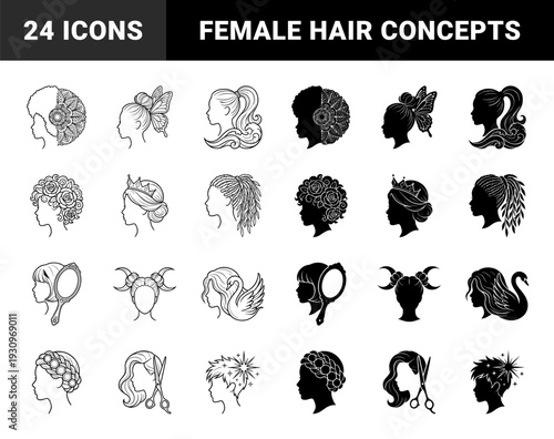 Collection of female profile silhouettes merging hair with symbolic elements like mandala patterns flowers butterflies crowns and celestial crescents