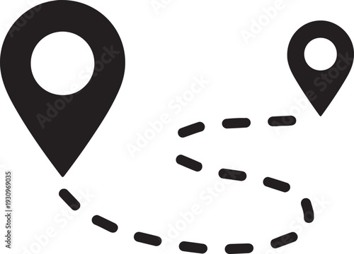 Two location map pins connected by a winding dotted path showing a planned route