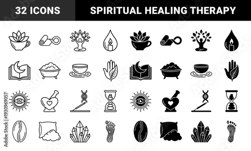 Wellness and holistic therapy hybrid symbols featuring lotus tea cup infinity yoga mat meditation tree moon book and dna incense in dual outline and solid styles