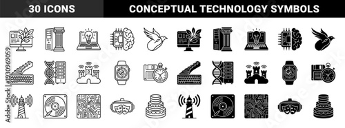 Black and white hybrid symbols merging technology with organic and classical elements featuring circuit brain and digital architecture metaphors
