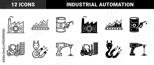 Industrial smart manufacturing and logistics hybrid icons featuring factory microchip integration oil barrel fuel pump and forklift pallet data