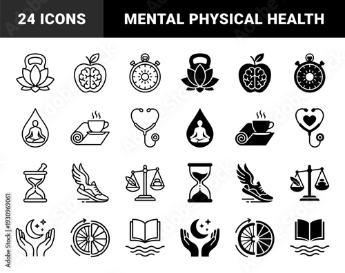 Mindful fitness and holistic wellness hybrid symbols merging kettlebell lotus brain apple stopwatch sun yoga meditation drop and running shoe wing