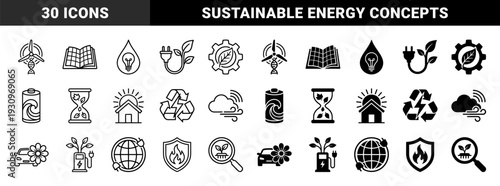 Renewable energy and eco technology hybrid symbols featuring wind turbine dna solar panel book and electric vehicle charging leaf concepts