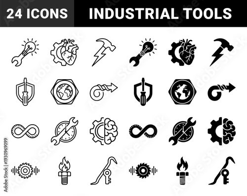 Abstract Hybrid Construction and Engineering Symbols Combining Tools with Biological and Conceptual Elements in Outline and Solid Styles
