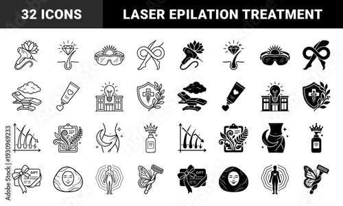 Laser hair removal and professional skin care collection featuring hybrid medical aesthetic symbols with butterfly razor and diamond follicle motifs