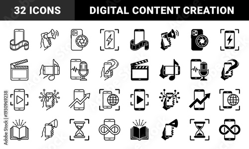 Hybrid mobile content creation and digital media marketing symbols featuring smartphone silhouettes merged with film strips megaphones and clapperboards
