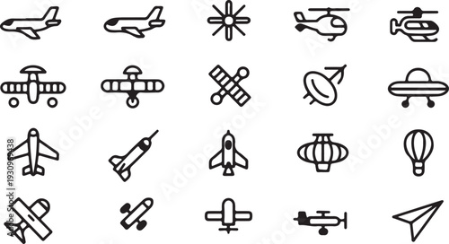 An extensive collection of simple outline icons depicting various aircraft, flying machines, and aerospace elements