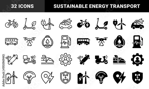Sustainable transportation and renewable energy hybrid symbols featuring electric vehicles wind turbines and eco friendly mobility solutions in line and solid styles