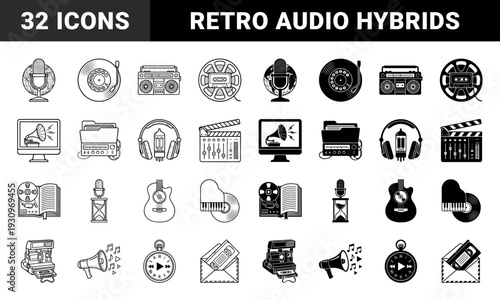 Vintage analog media and modern audio hybrid icons featuring creative merges like microphone globes turntable dials and film reel cassettes