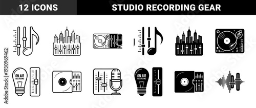 Hybrid audio production and music recording elements combining mixing fader sliders with musical notes vinyl records microphones and city skyline silhouettes