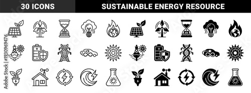 Renewable energy hybrid symbols merging solar panels with leaves wind turbines with foliage and electric plugs with organic sprouts in linear and solid styles