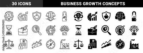 Hybrid financial and business growth concepts featuring dual outline and solid styles merging metaphors like brain charts rocket briefcases and magnet wallets