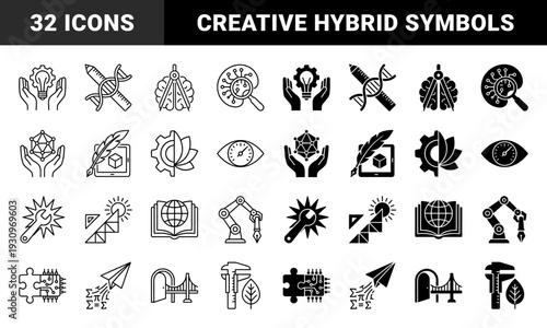 Abstract hybrid metaphors combining education engineering and biology symbols in dual outline and solid styles for conceptual design projects