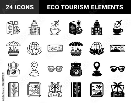 Wellness travel and eco tourism hybrid icons featuring passport with ocean waves hotel with zen stones and airplane rising from coffee cup steam