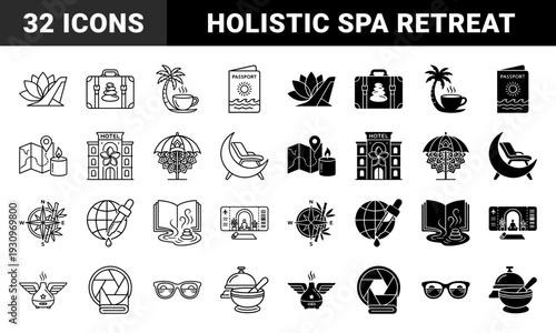Wellness travel and holistic spa retreat collection featuring hybrid symbols like lotus wings luggage stones and meditation map markers in line and solid style