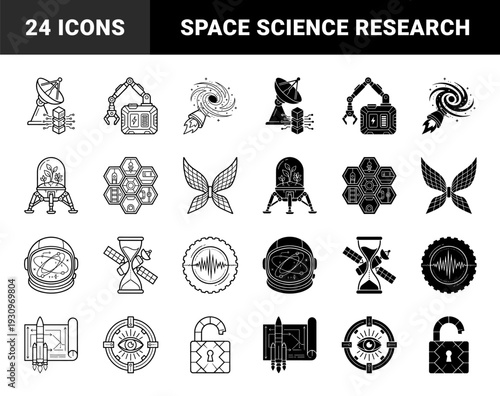 Space exploration and futuristic science hybrid symbols featuring cosmic hourglass satellites orbital paths and planetary habitat modules in line and solid style