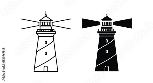 Two lighthouse designs one outlined and one solid a stark contrast silhouette