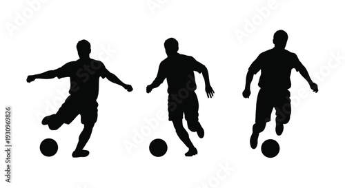 Three soccer players in dynamic action poses a black silhouette