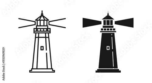 Two lighthouse illustrations one lined and one solid a striking silhouette
