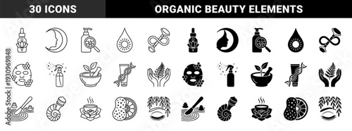 Organic skincare and holistic wellness line icons featuring hybrid botanical symbols with mortar pestle dna strands and facial mask treatment elements