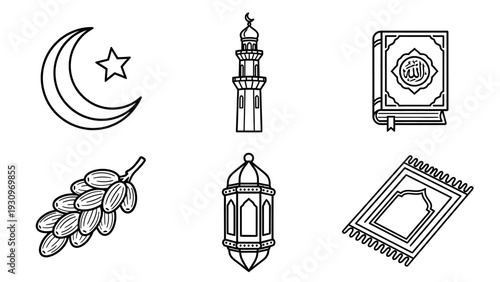 Islamic symbols and objects illustration showcasing cultural heritage and faith with crescent, mosque, and religious texts