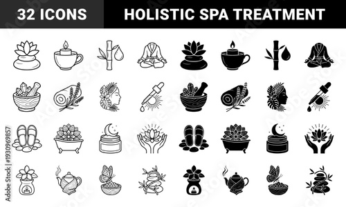 Minimalist wellness and spa symbol set featuring unique hybrid designs of lotus flowers with massage stones and botanical elements in outline and solid styles