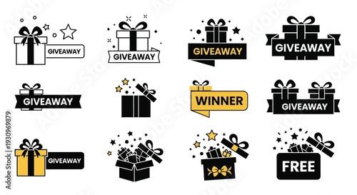 Collection of giveaway and winner announcement badges in a flat silhouette