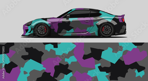 Sleek colorful sports car with bold camouflage pattern perched above a gray wall, showcasing dynamic lines and urban style.