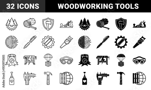Hybrid woodworking and carpentry tool symbols merging natural timber textures with precision measurement and industrial forestry equipment in a dual outline style