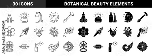 Skincare and holistic beauty symbols featuring organic botanical fusions such as lotus flower serum droppers and herbal mortar pestles in outline and solid styles