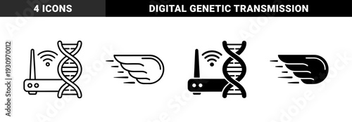 Biotechnology and wireless communication hybrid symbol including router dna helix merge and fast delivery wing in outline and solid style
