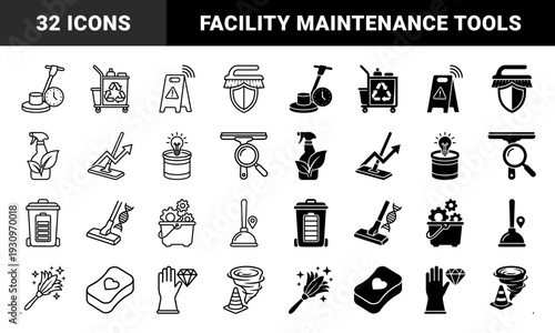 Sanitation and Facility Maintenance Concept Symbols featuring Hybrid Designs of Cleaning Tools Merged with Efficiency Battery and Growth Metaphors