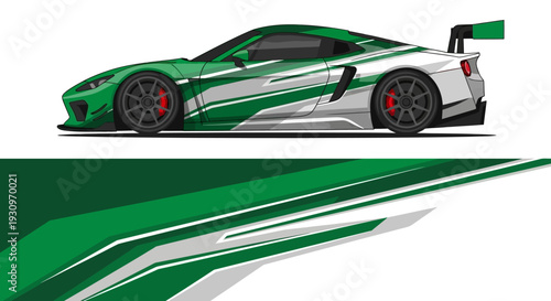 Side view of a green and white race car with dynamic graphic accents and sleek aerodynamics.