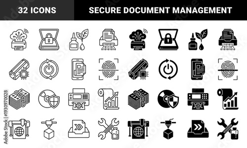 Hybrid printer and document management icons featuring cloud connectivity data encryption biometric security and artificial intelligence integration