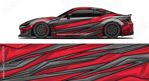 Red and black striped sports car wrap with sleek coupe profile and glossy finish.