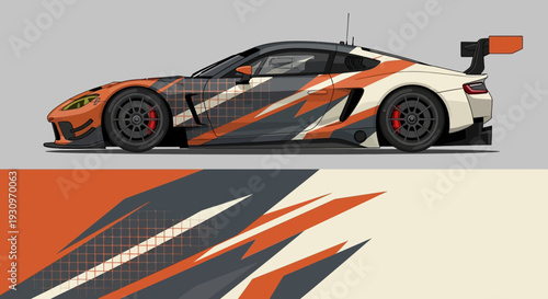 Dynamic orange racing car with bold black white graphics in side profile.