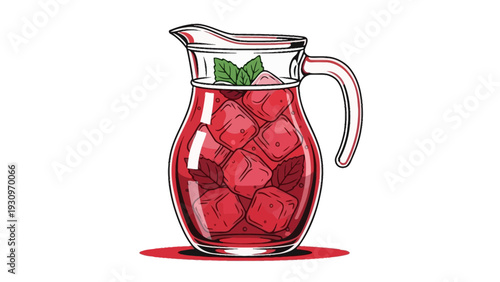 A refreshing pitcher of iced drink with mint garnish on a white background from a front viewpoint