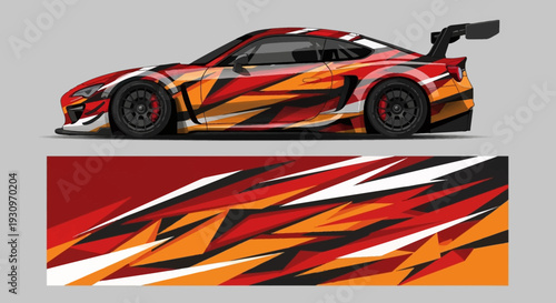 Vibrant Race Car with Fiery Abstract Livery and Dynamic Graphics.