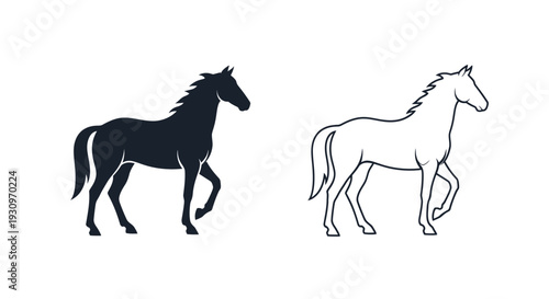 Two horse depictions one black and one white presented as a silhouette