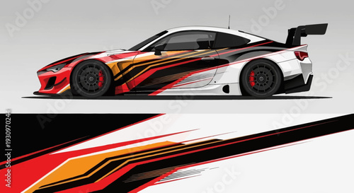 Side view of high performance race car with bold red yellow black livery and rear spoiler.