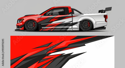 Red and black race car with dynamic white graphics and bold design.