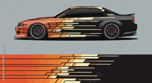 Stylized racing car with dynamic motion stripes and bold gradient design.