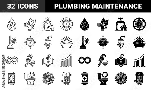 Plumbing and Sanitary System Hybrid Symbols Combining Water Droplets Wrenches Pipes and Eco Friendly Leaves for Sustainable Home Maintenance
