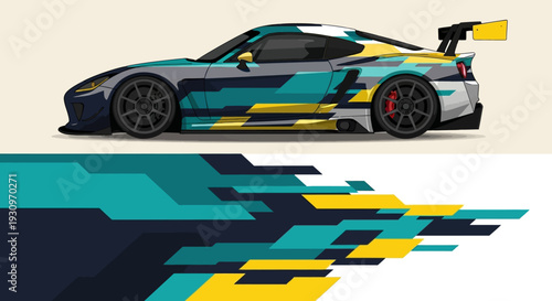 Stylized teal and blue racing car depicted with geometric color blocks and motion.