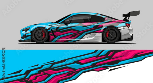 Vibrant wrapped sports car with bold graphic design and aerodynamic details.