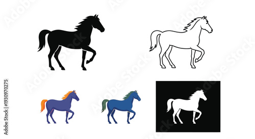 Four depictions of a horse including a striking black silhouette
