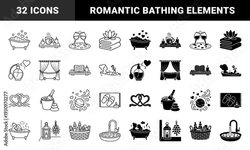Romantic bathroom spa icons featuring a hybrid of line and solid styles with symbols for relaxation wellness bathing and aromatherapy treatments